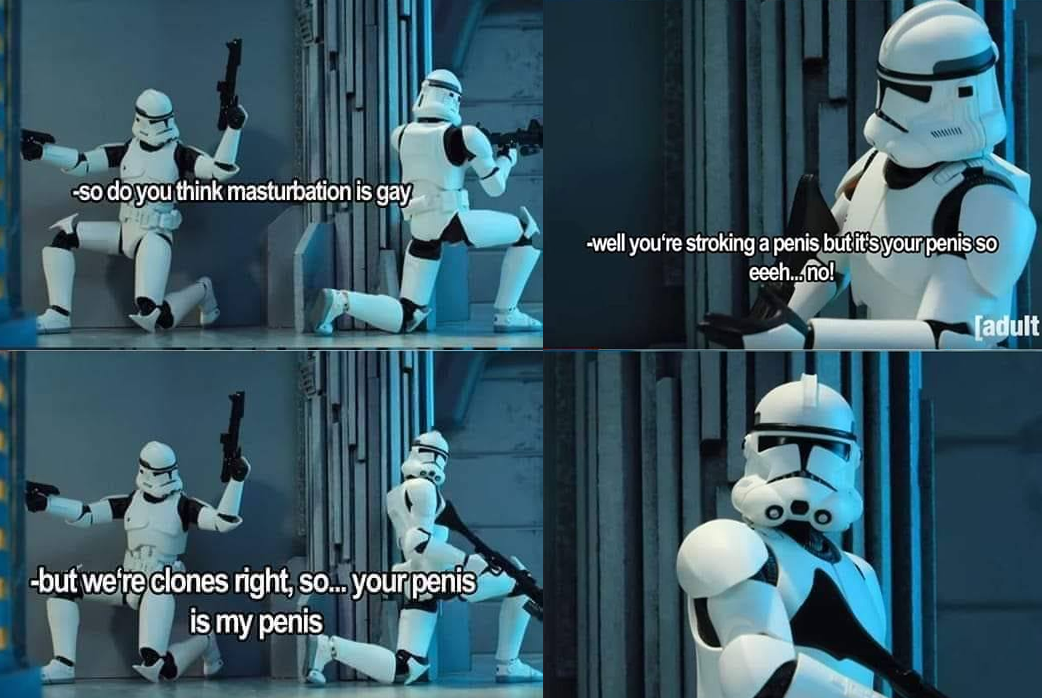 This meme is a play on the classic Star Wars quote "I am your father" from the 1980 film "The Empire Strikes Back". The meme features a picture of a Stormtrooper from the Star Wars franchise, but with a humorous twist: the text "I am your father" is replaced with "I am your penis".